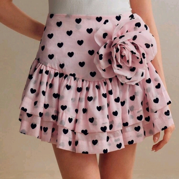 Cute Daily Wear Heart Pattern Pink Ruffle Edge 3D Floral A-Line Skirt